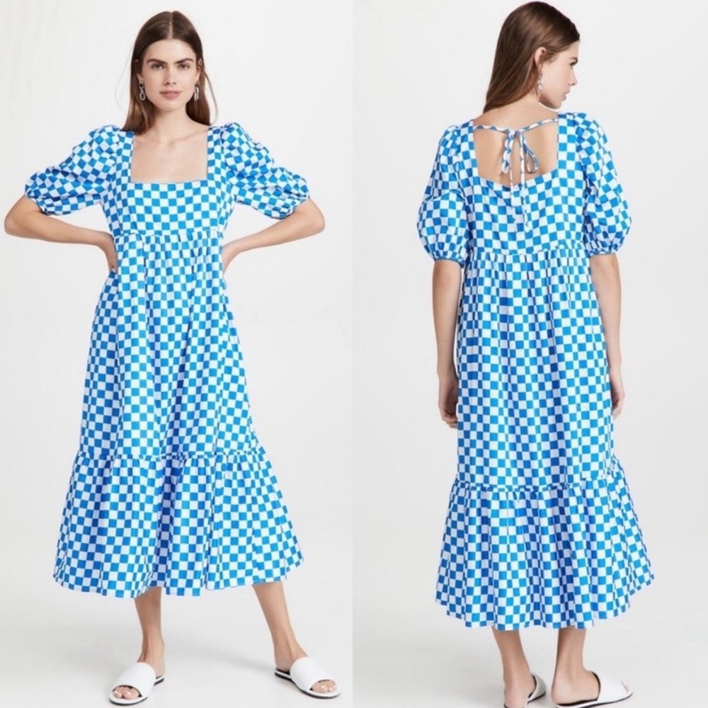 En Saison Blue & White Check Print Puff Sleeve Square Neck Midi Dress Pockets XS